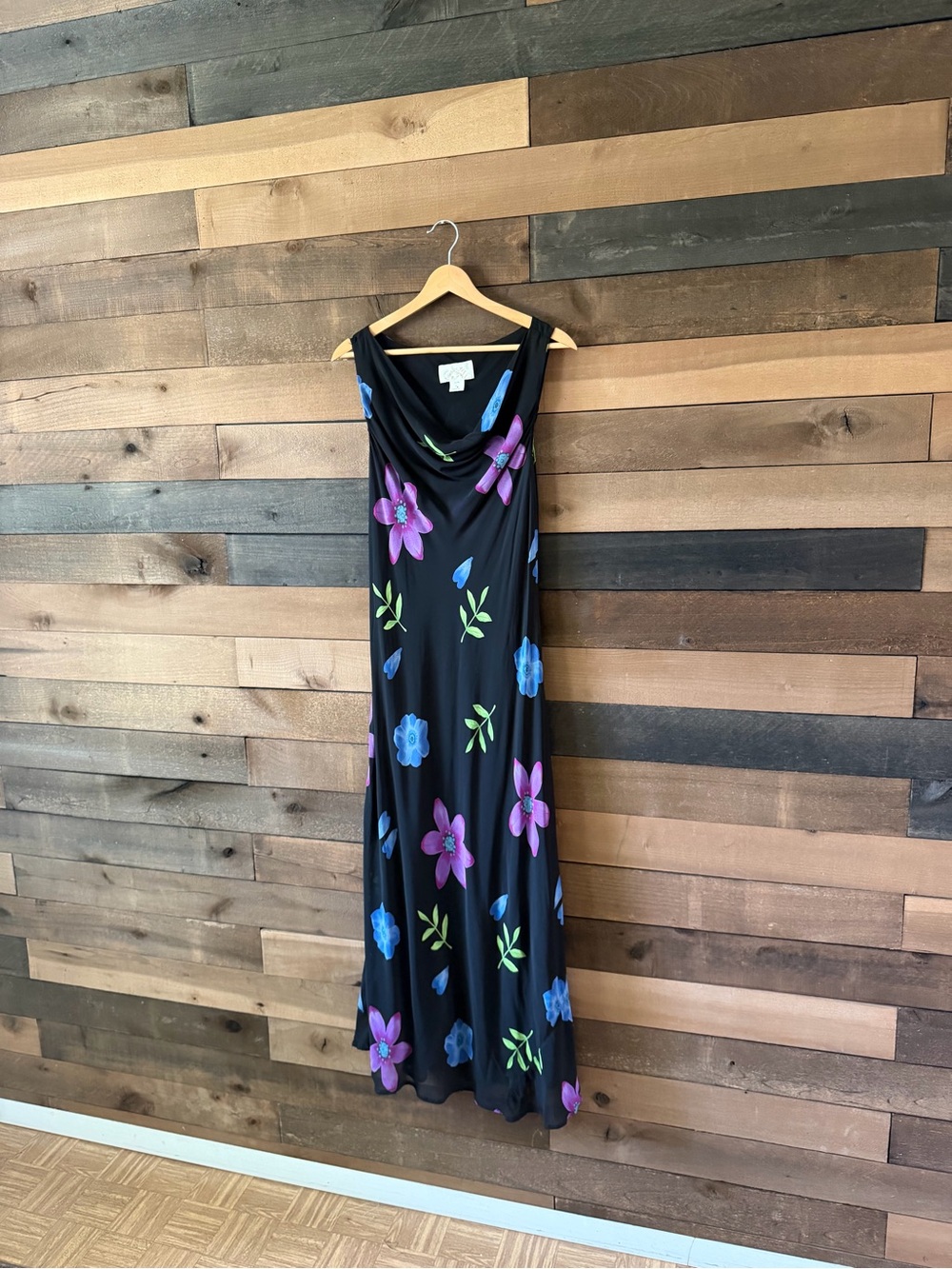 Vintage 1990s Caché Black Floral Rayon Maxi Dress Cowl Neck Sleeveless Medium - Picture 3 of 12